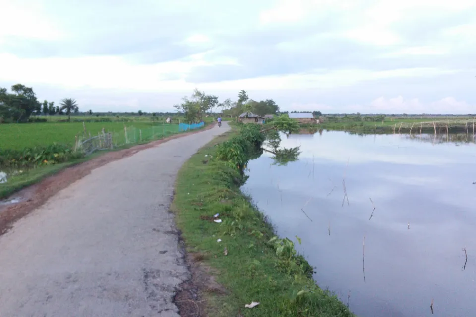 Paved rural road in developing country with water on either side.